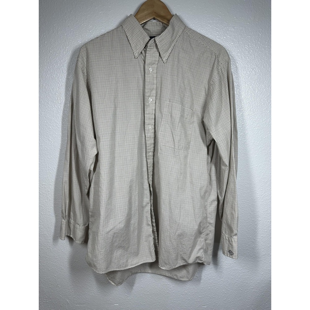 Lands' End Shirt Mens 16-33 Tan Check Long Sleeve Cotton Button Front Monogram